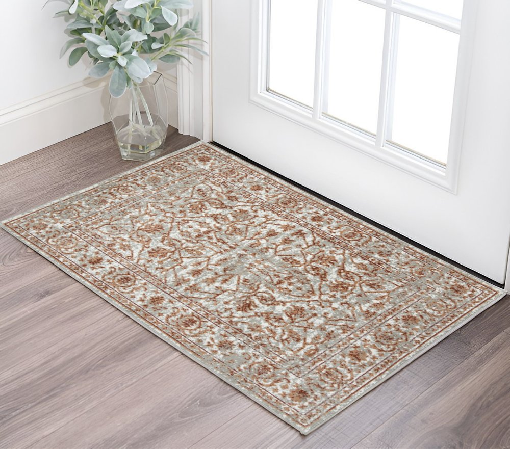 10' X 14' Ivory Gray And Rust Floral Area Rug