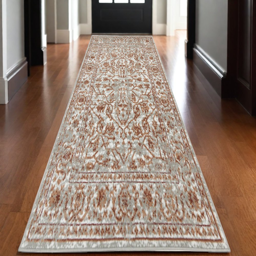 10' X 14' Ivory Gray And Rust Floral Area Rug