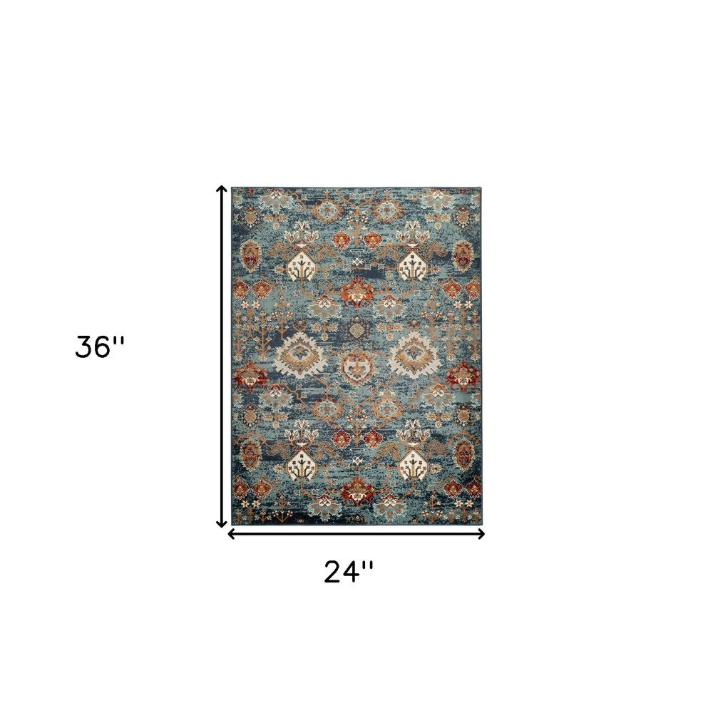 2' X 3' Teal Rust and Orange Oriental Power Loom Area Rug
