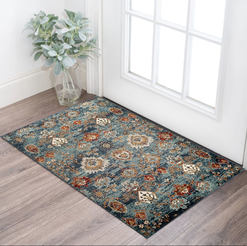 2' X 3' Teal Rust and Orange Oriental Power Loom Area Rug