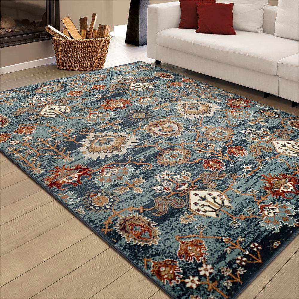 2' X 3' Teal Rust and Orange Oriental Power Loom Area Rug