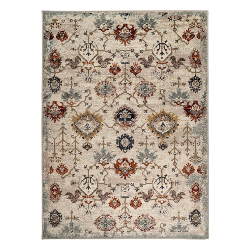5' X 8' Beige Rust and Navy Oriental Power Loom Area Rug