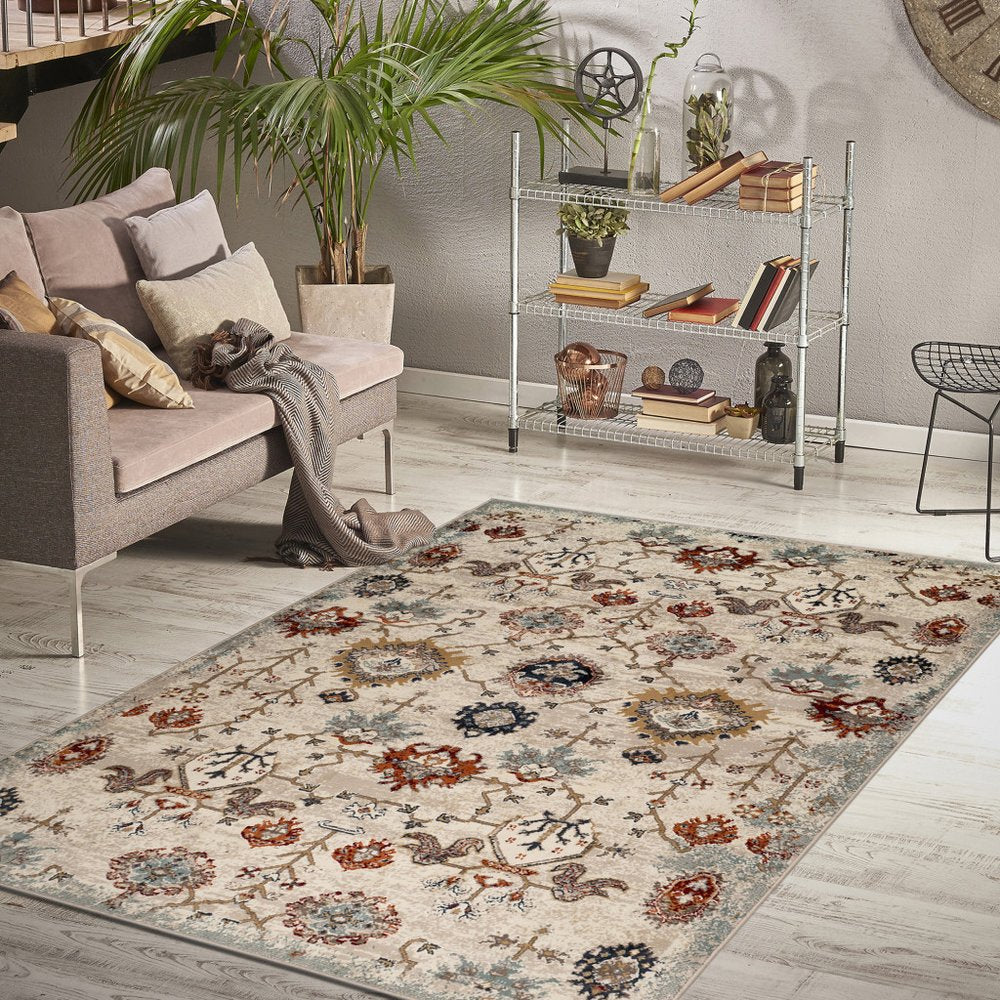 5' X 8' Beige Rust and Navy Oriental Power Loom Area Rug