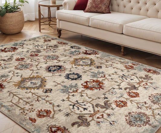 5' X 8' Beige Rust and Navy Oriental Power Loom Area Rug