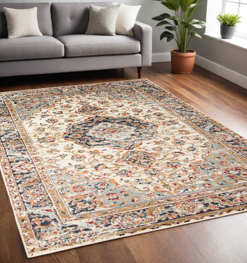 5' X 8' Ivory Navy and Orange Medallion Power Loom Area Rug