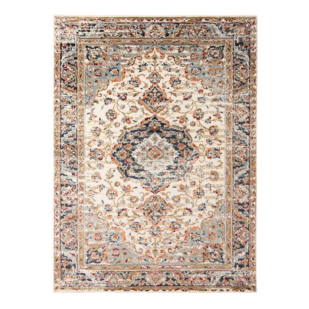 5' X 8' Ivory Navy and Orange Medallion Power Loom Area Rug