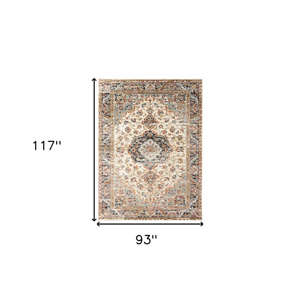 5' X 8' Ivory Navy and Orange Medallion Power Loom Area Rug