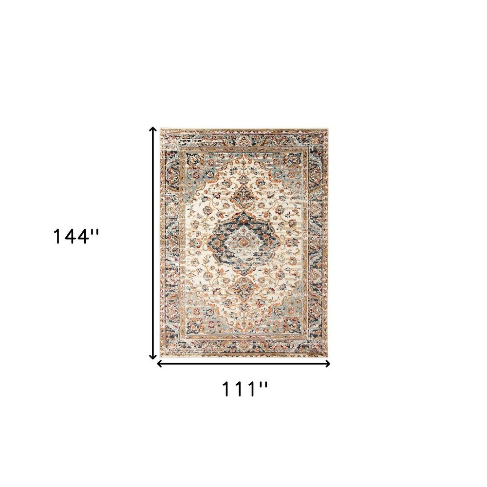 5' X 8' Ivory Navy and Orange Medallion Power Loom Area Rug