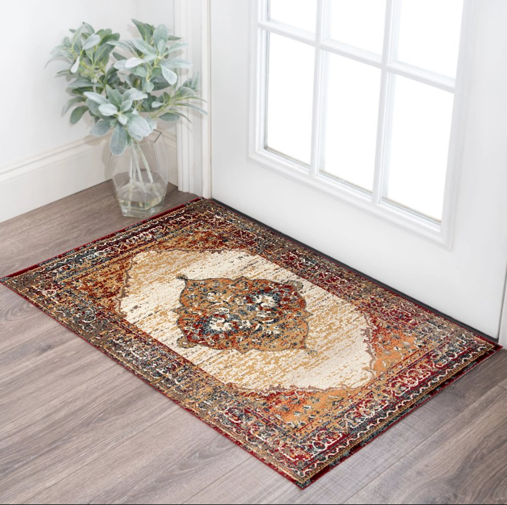 8' X 10' Ivory Red and Orange Medallion Power Loom Area Rug