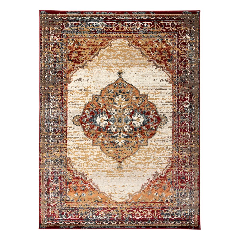8' X 10' Ivory Red and Orange Medallion Power Loom Area Rug