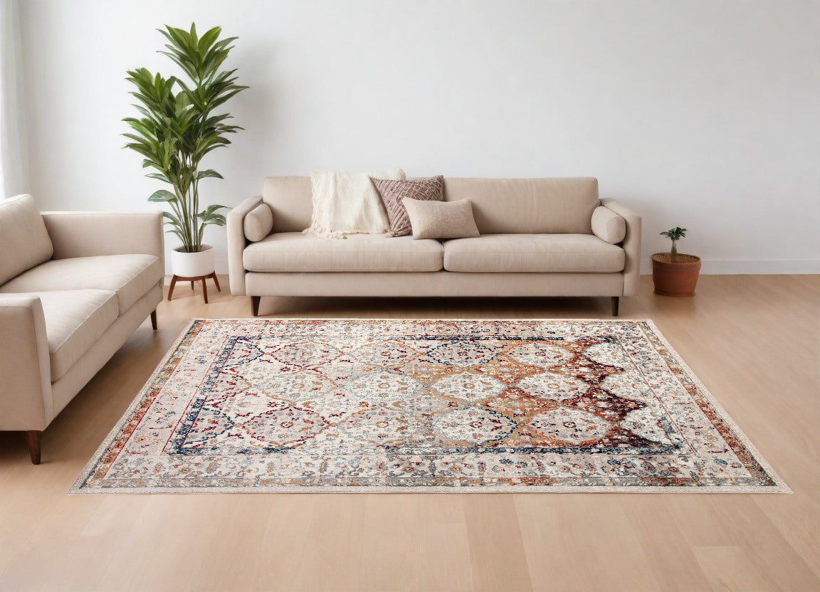 2' X 3' Beige Rust and Navy Floral Medallion Power Loom Area Rug