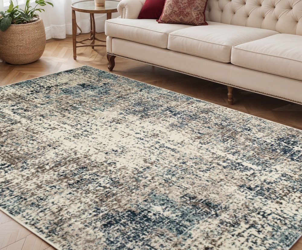 9' X 12' Ivory Blue and Gray Abstract Power Loom Area Rug