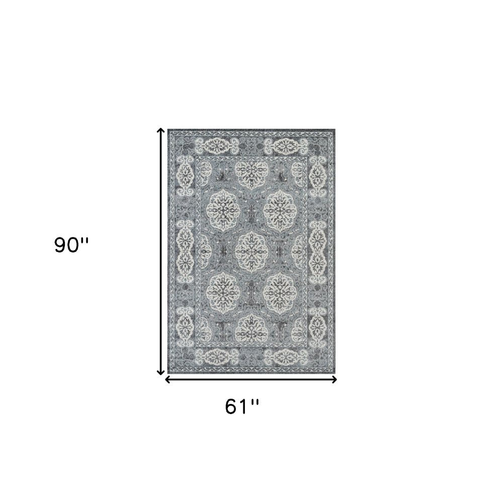5' X 8' Charcoal and Ivory Medallion Power Loom Area Rug