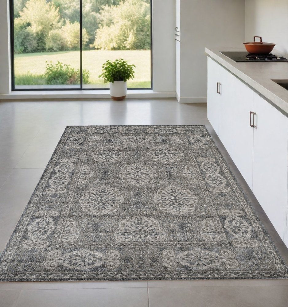 9' X 12' Charcoal And Gray Medallion Area Rug