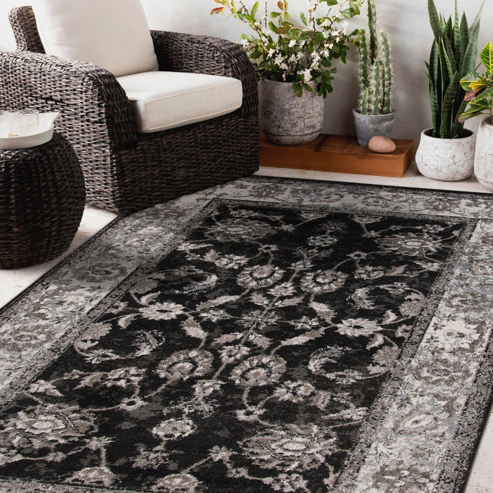 8' X 10' Ivory Black and Gray Oriental Power Loom Area Rug