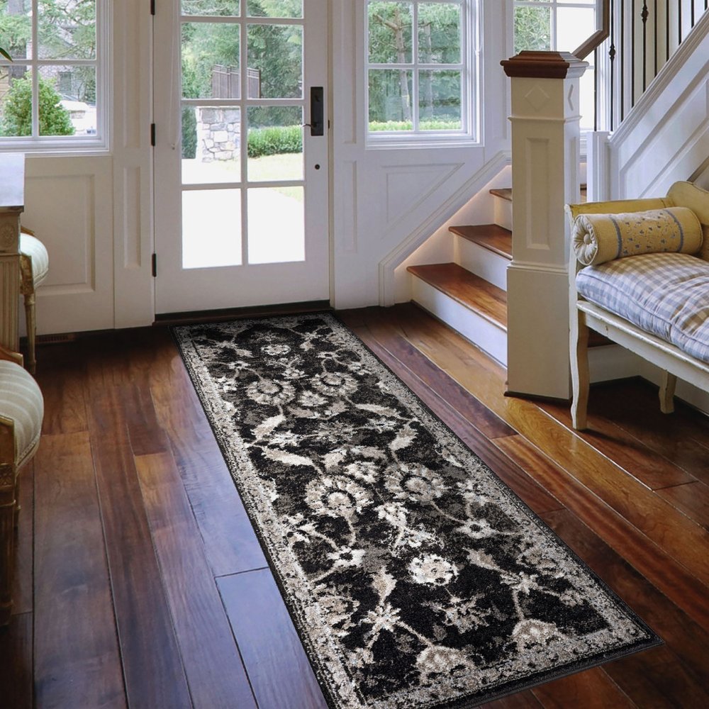 8' X 10' Ivory Black and Gray Oriental Power Loom Area Rug