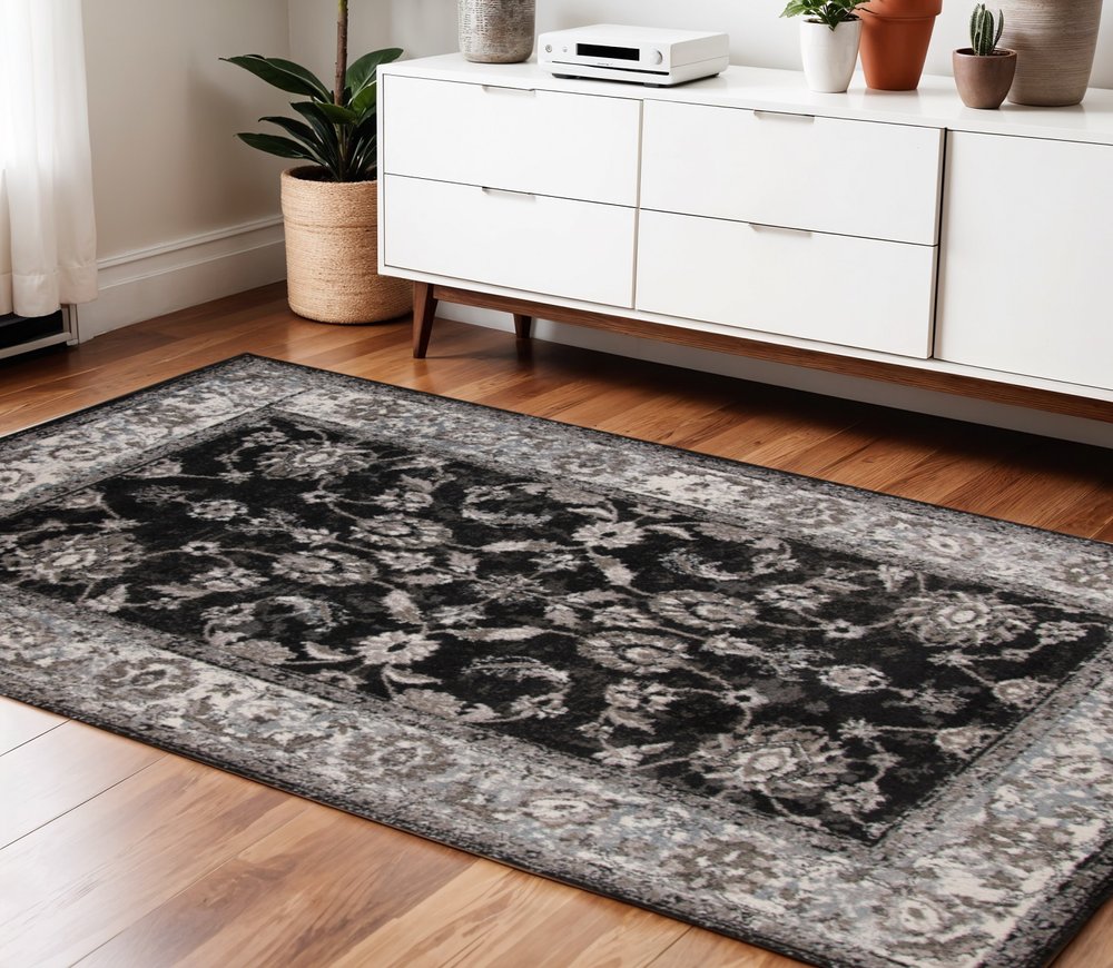 8' X 10' Ivory Black and Gray Oriental Power Loom Area Rug
