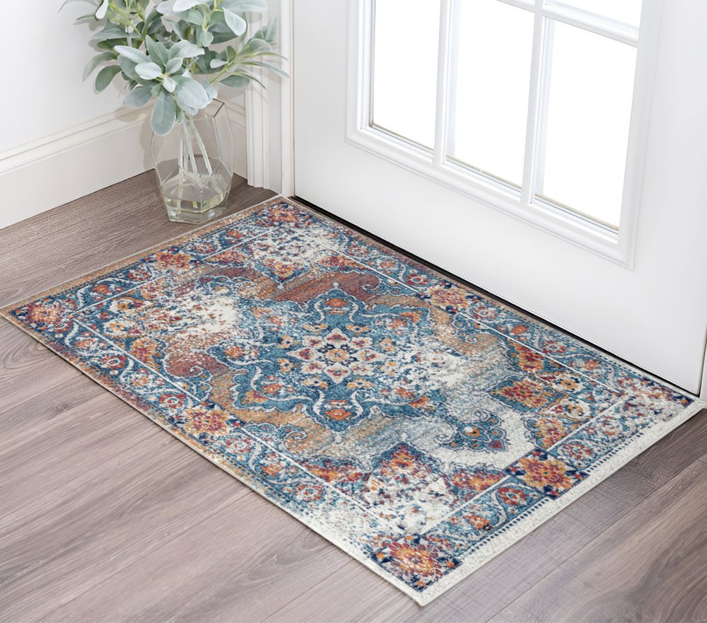 2' X 3' Blue Red and Orange Medallion Power Loom Area Rug