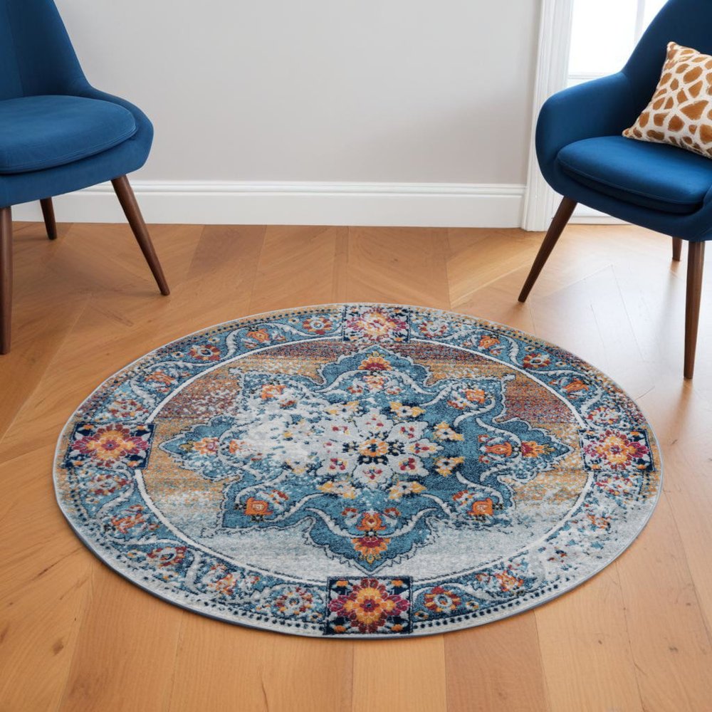 2' X 3' Blue Red and Orange Medallion Power Loom Area Rug