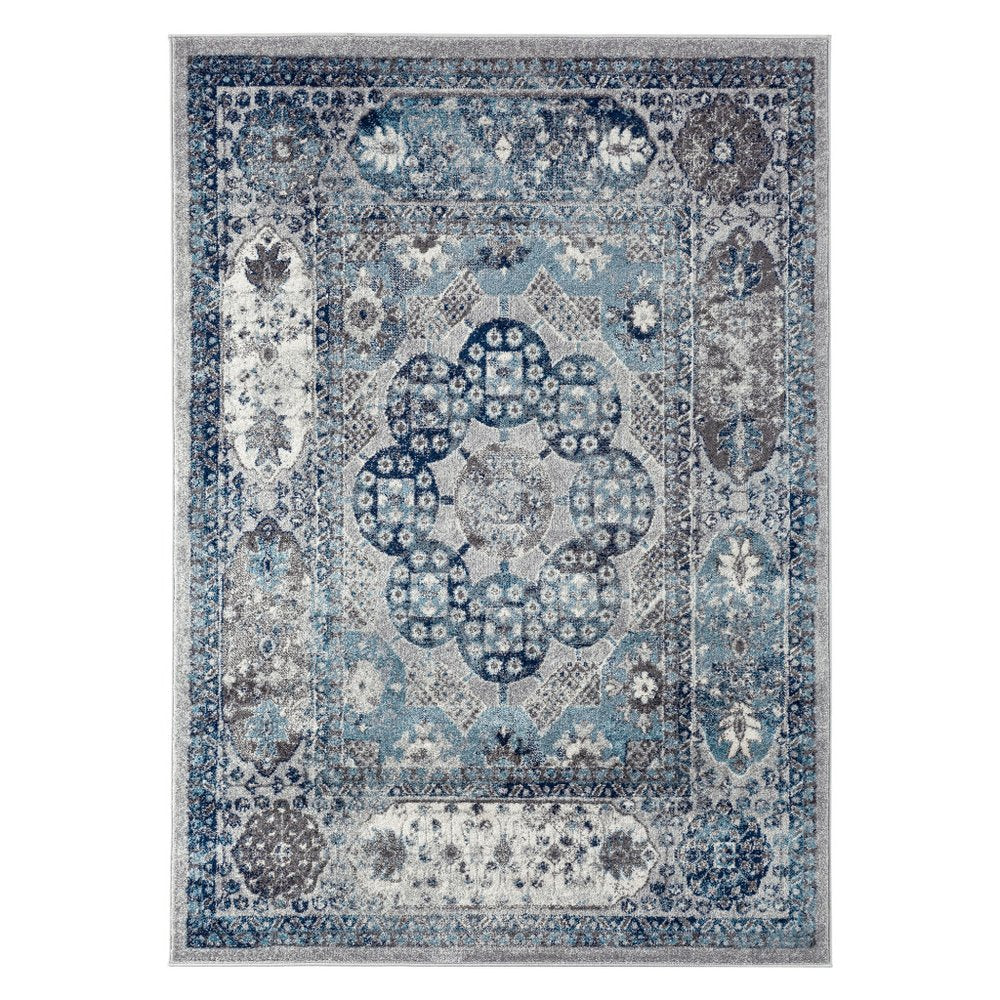 10' Ivory Blue And Gray Medallion Runner Rug