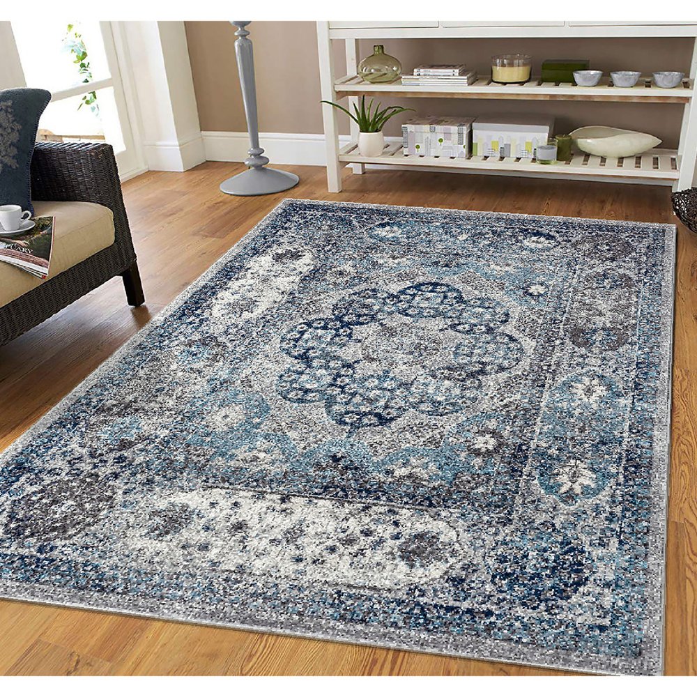 10' Ivory Blue And Gray Medallion Runner Rug