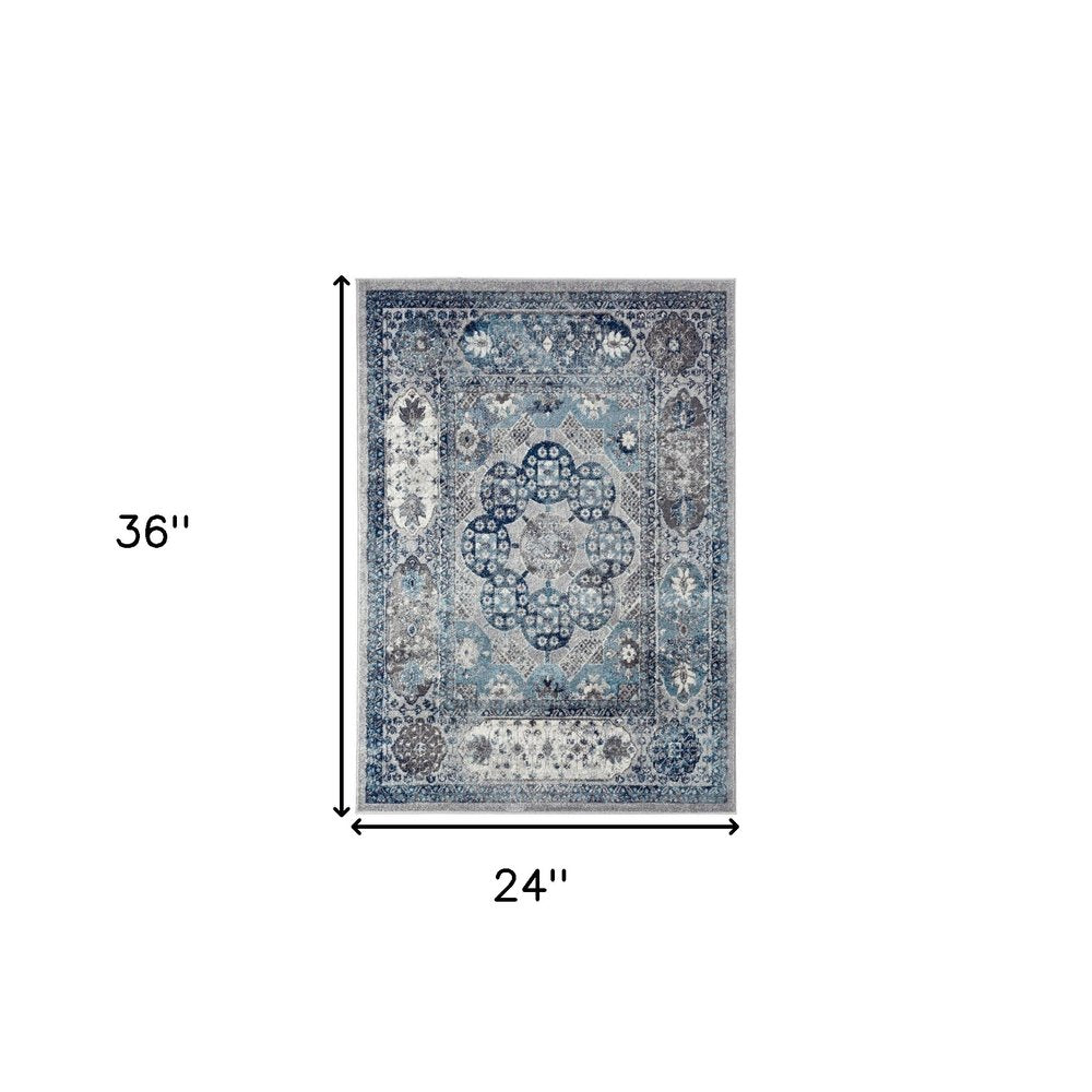 10' Ivory Blue And Gray Medallion Runner Rug