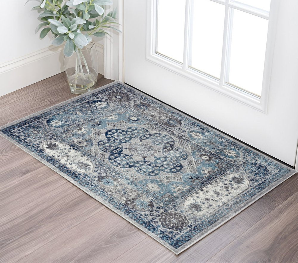 10' Ivory Blue And Gray Medallion Runner Rug