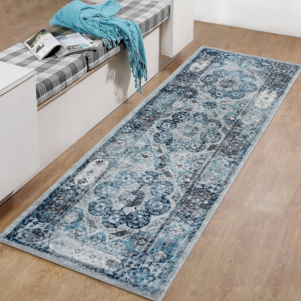 10' Ivory Blue And Gray Medallion Runner Rug