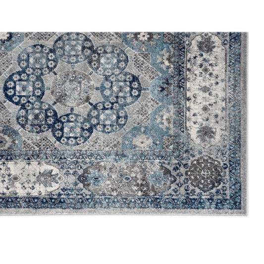 10' Ivory Blue And Gray Medallion Runner Rug