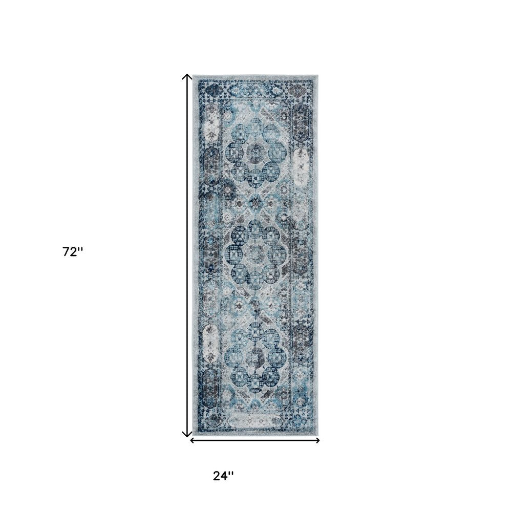 10' Ivory Blue And Gray Medallion Runner Rug