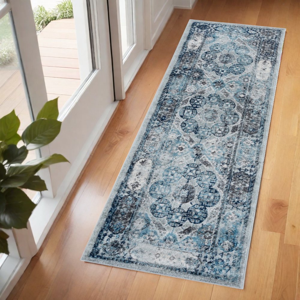 10' Ivory Blue And Gray Medallion Runner Rug