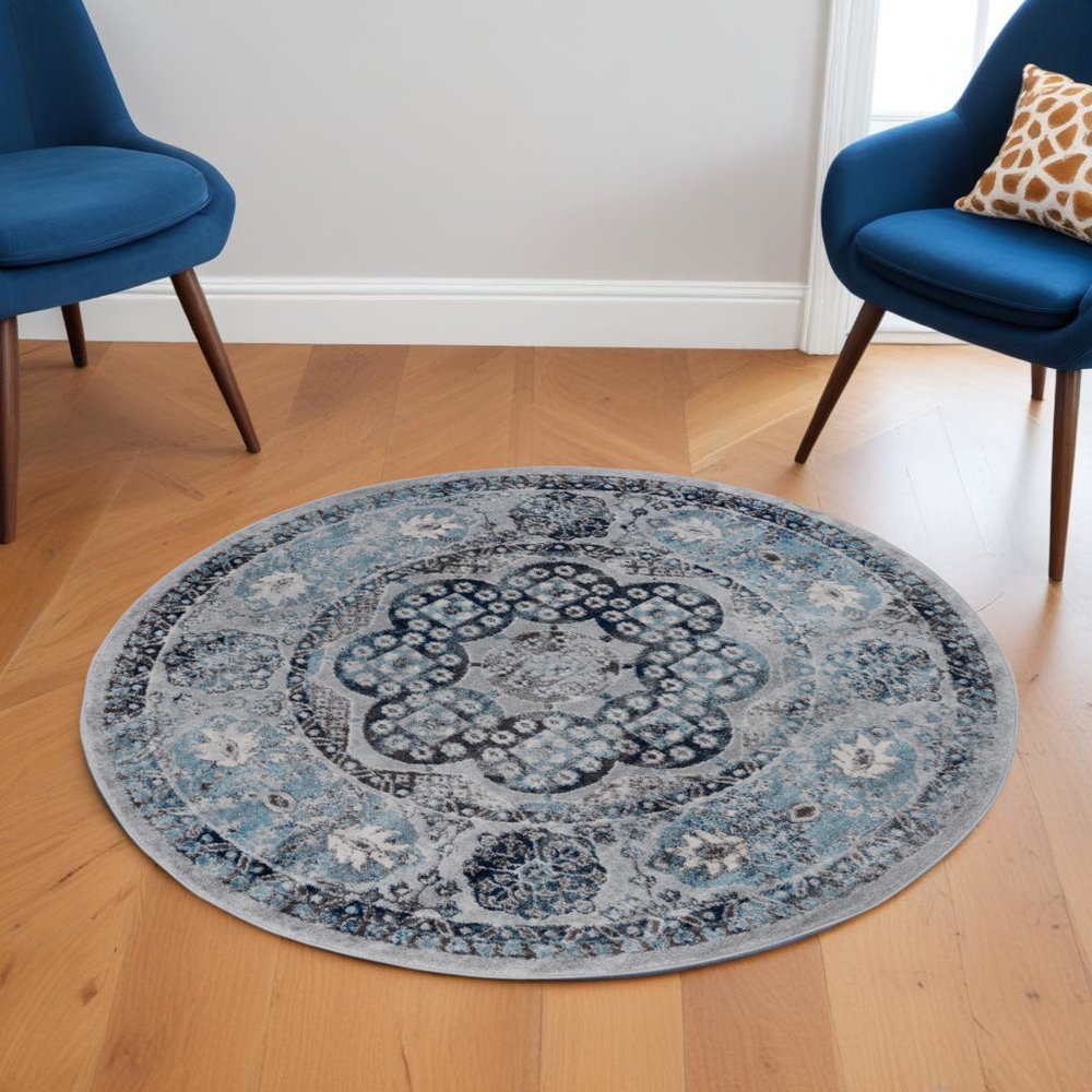 10' Ivory Blue And Gray Medallion Runner Rug