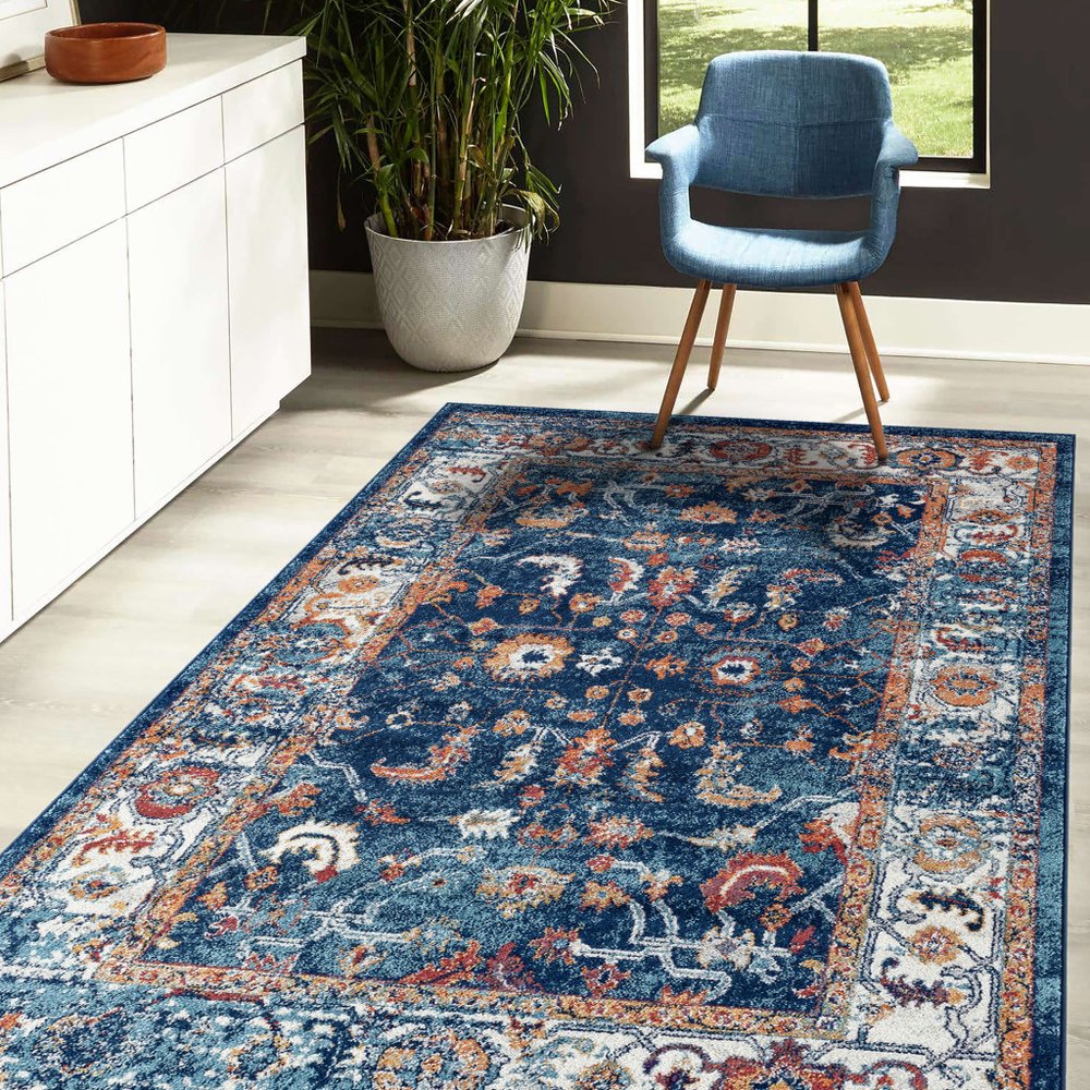 5' X 8' Blue Rust and Orange Oriental Power Loom Area Rug