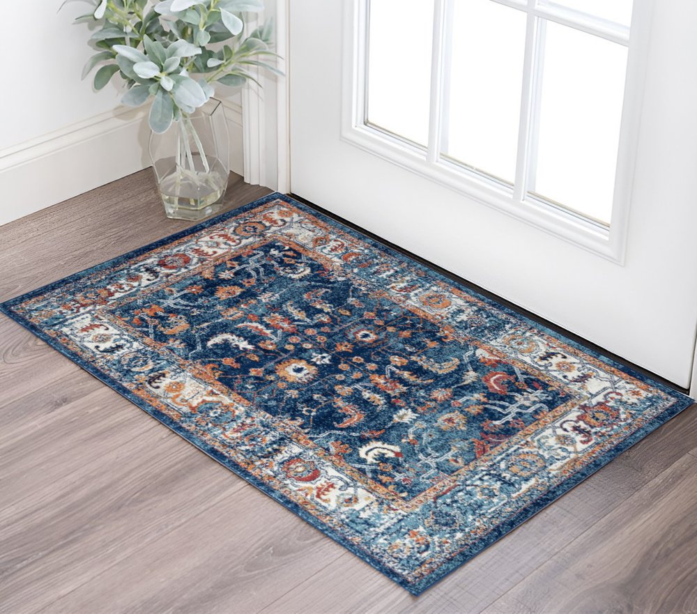 5' X 8' Blue Rust and Orange Oriental Power Loom Area Rug