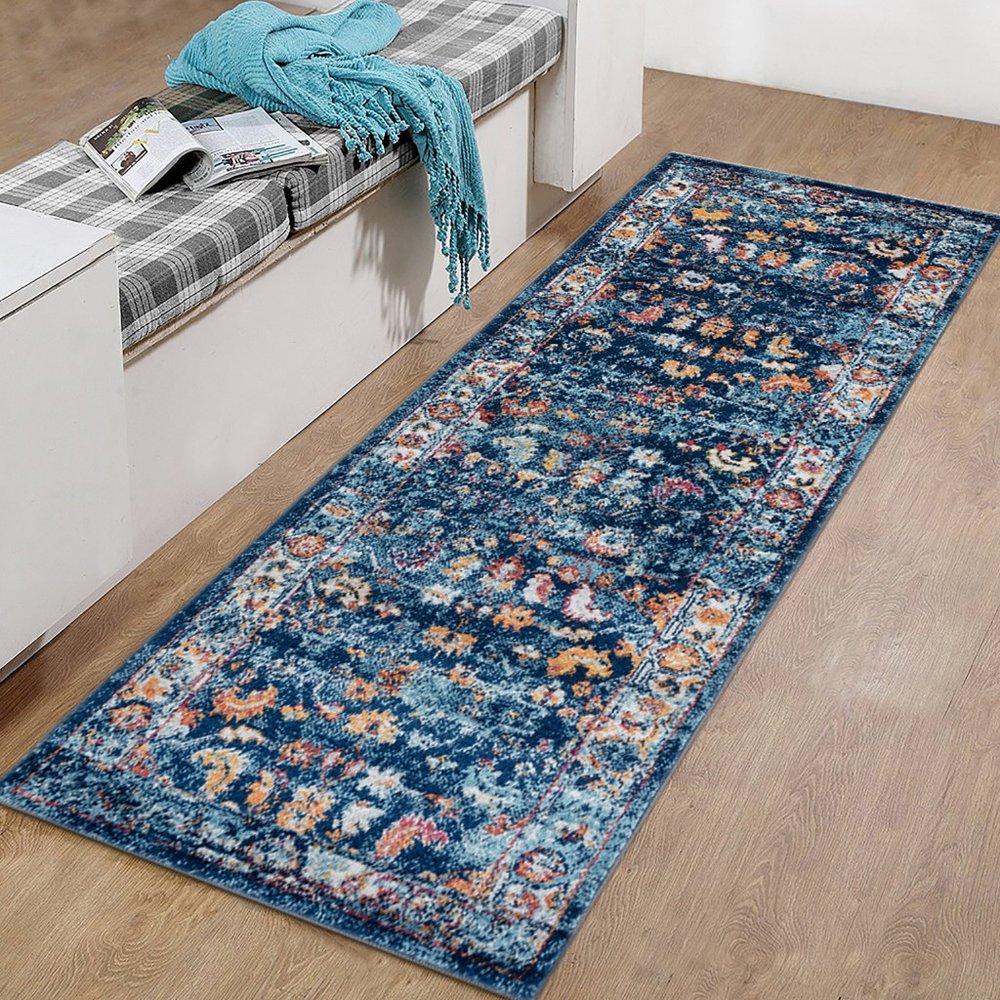 5' X 8' Blue Rust and Orange Oriental Power Loom Area Rug