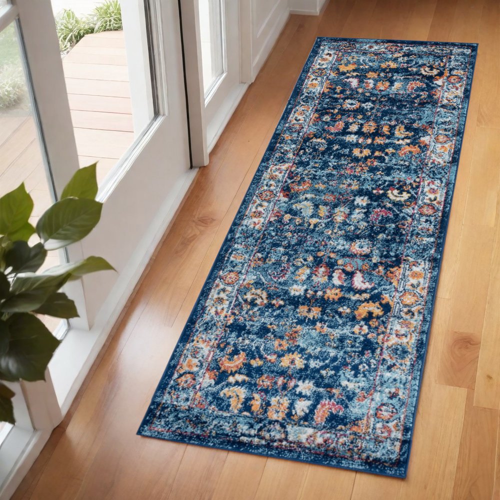 5' X 8' Blue Rust and Orange Oriental Power Loom Area Rug