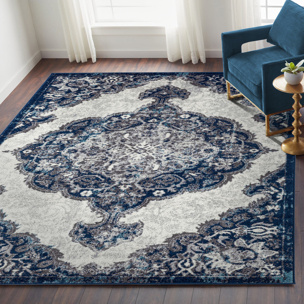 2' X 3' Navy and Ivory Medallion Power Loom Area Rug