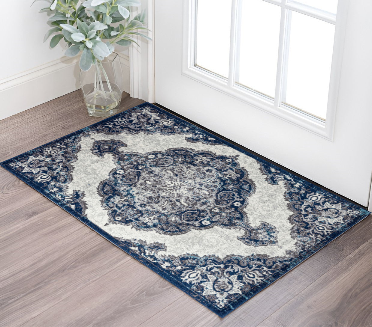 2' X 3' Navy and Ivory Medallion Power Loom Area Rug