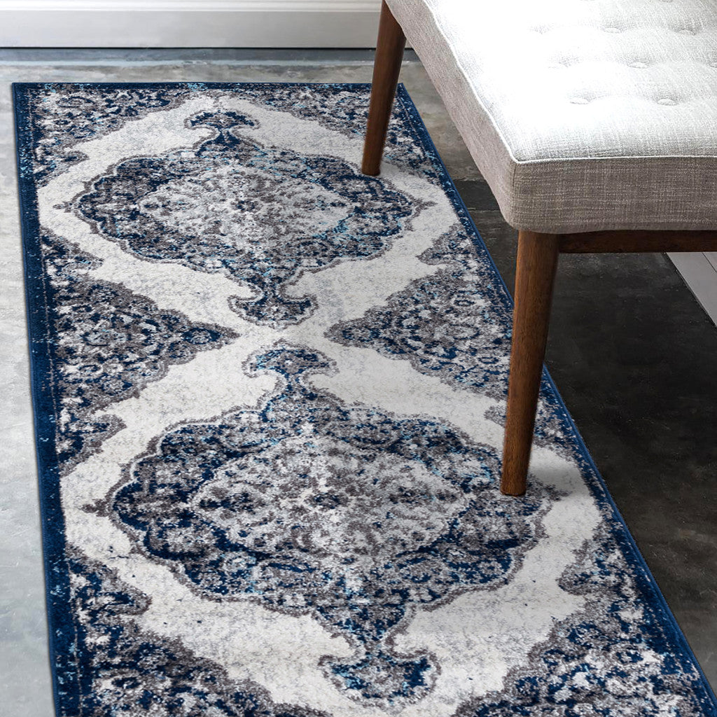 2' X 3' Navy and Ivory Medallion Power Loom Area Rug