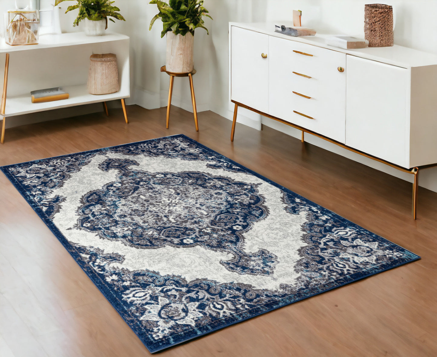 2' X 3' Navy and Ivory Medallion Power Loom Area Rug