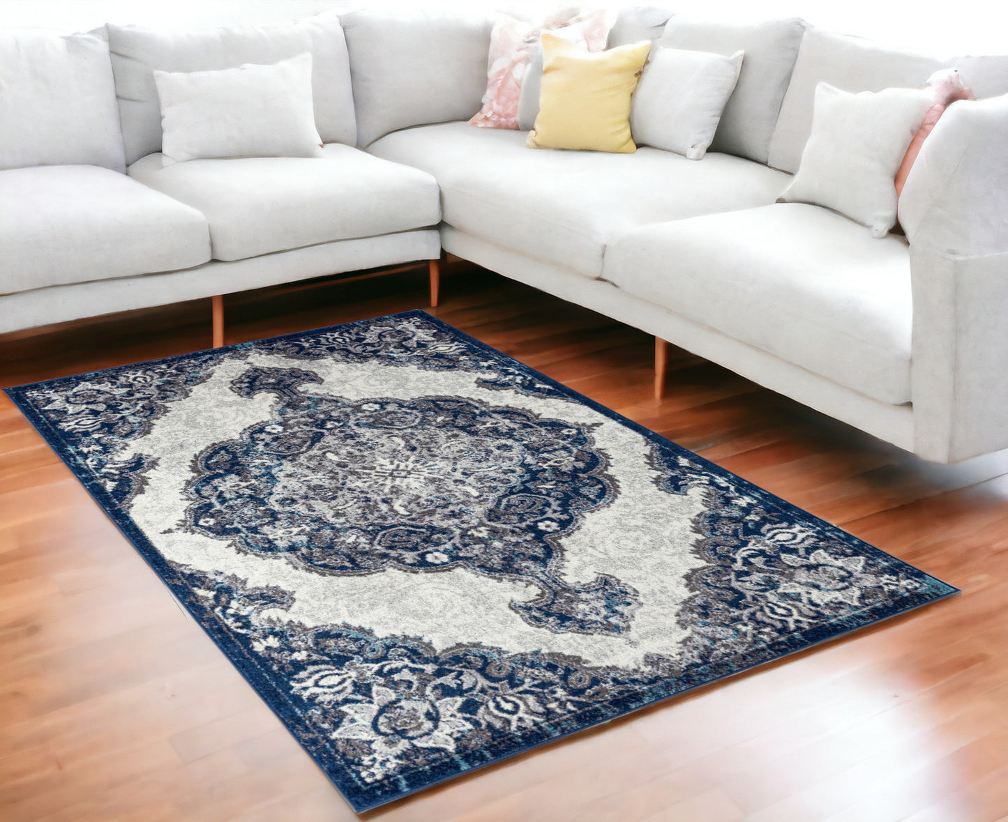 2' X 3' Navy and Ivory Medallion Power Loom Area Rug