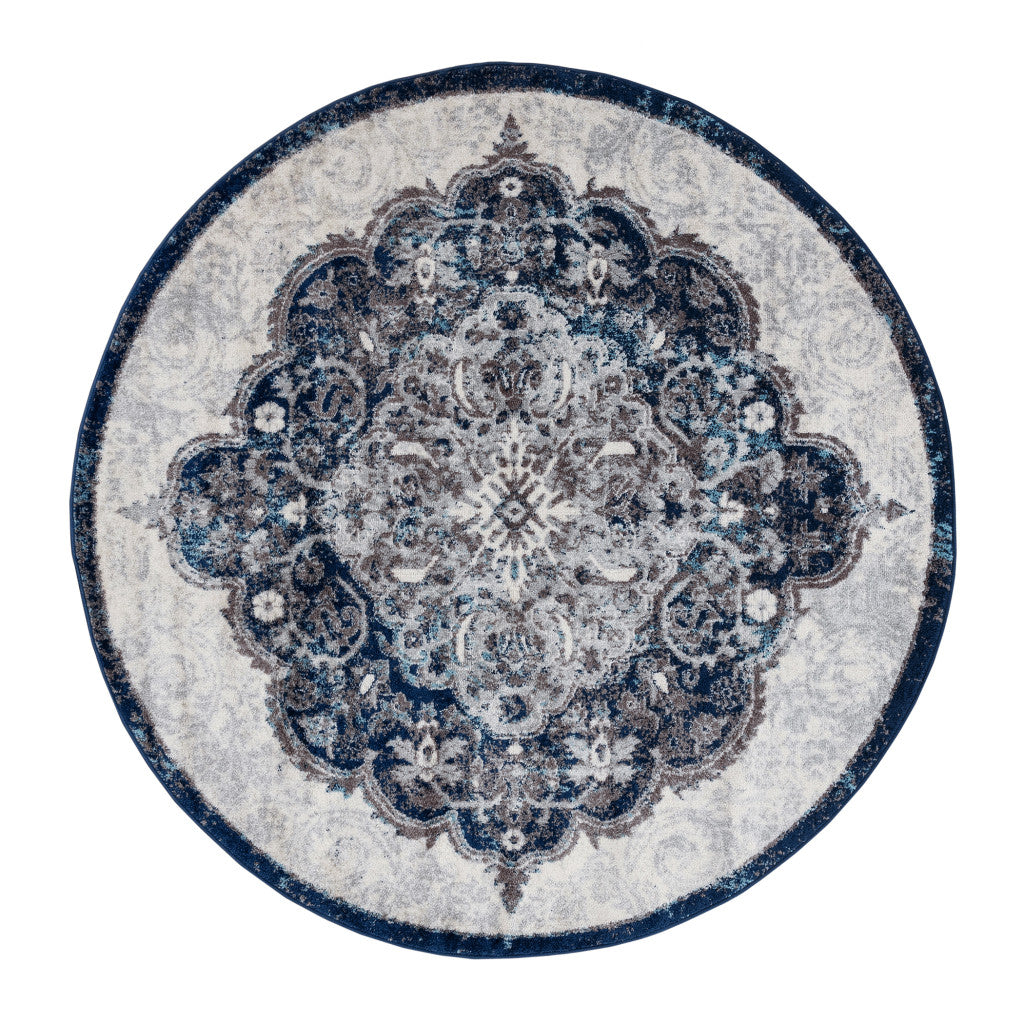 2' X 3' Navy and Ivory Medallion Power Loom Area Rug