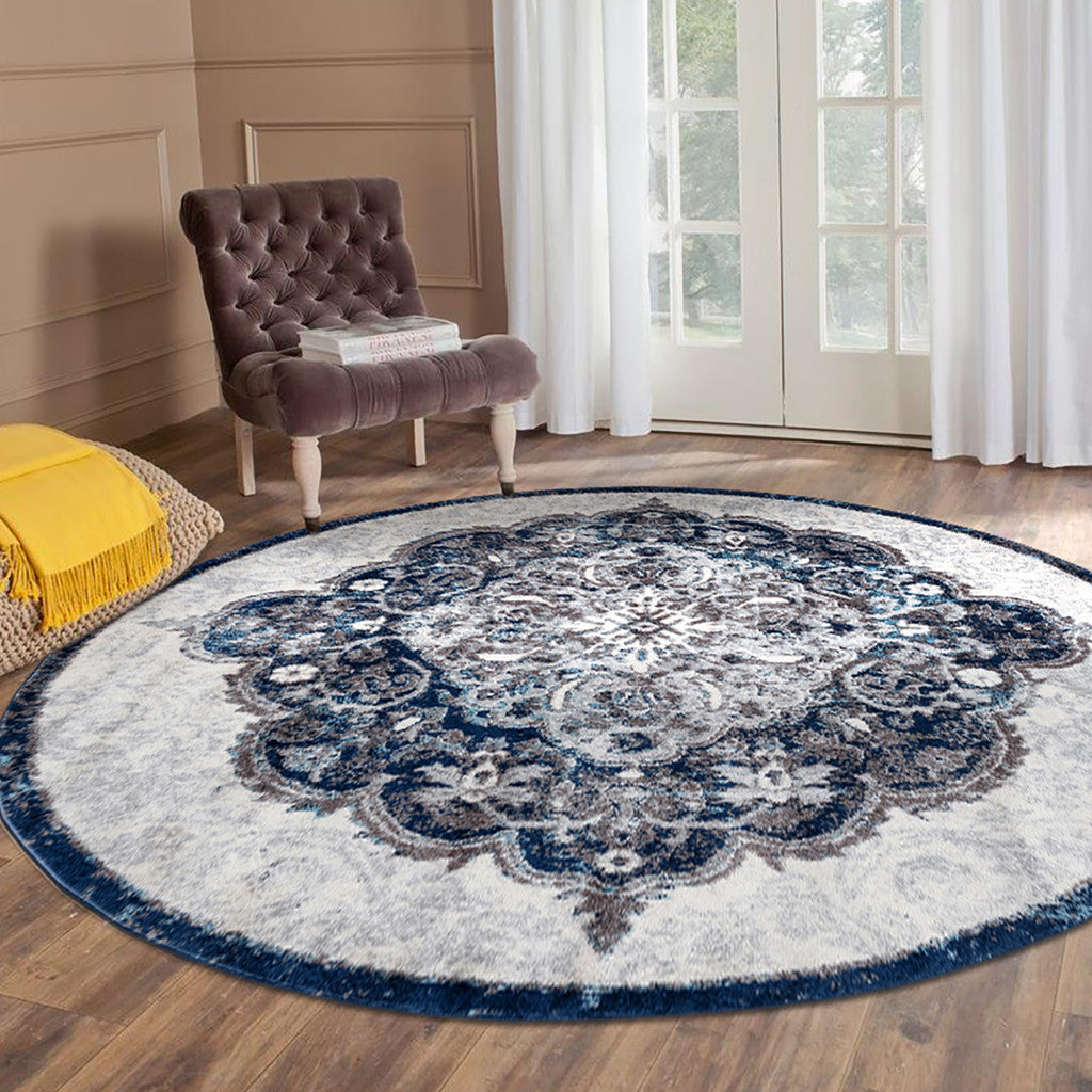 2' X 3' Navy and Ivory Medallion Power Loom Area Rug