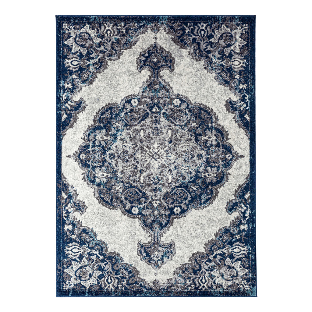 2' X 3' Navy and Ivory Medallion Power Loom Area Rug