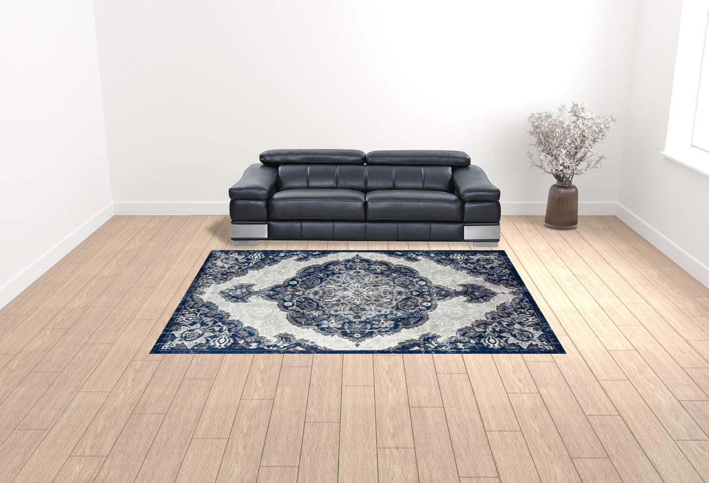 2' X 3' Navy and Ivory Medallion Power Loom Area Rug