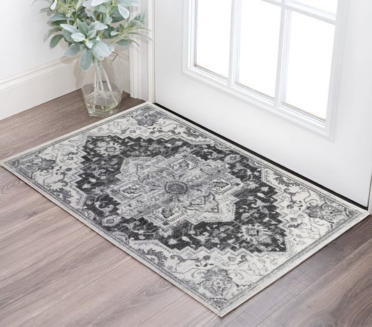 2' X 3' Gray and Dark Gray Medallion Power Loom Area Rug