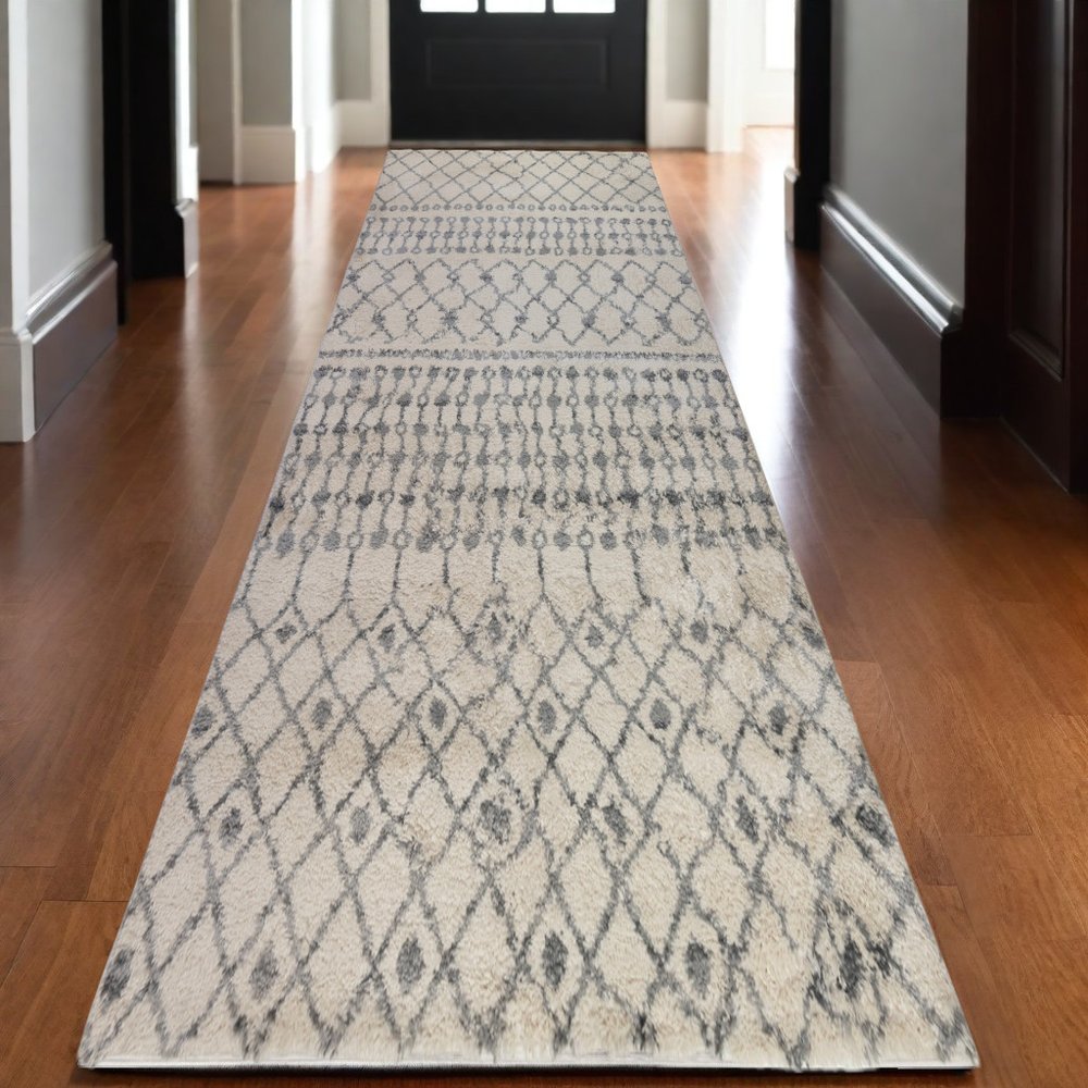 10' Gray And Ivory Geometric Shag Runner Rug