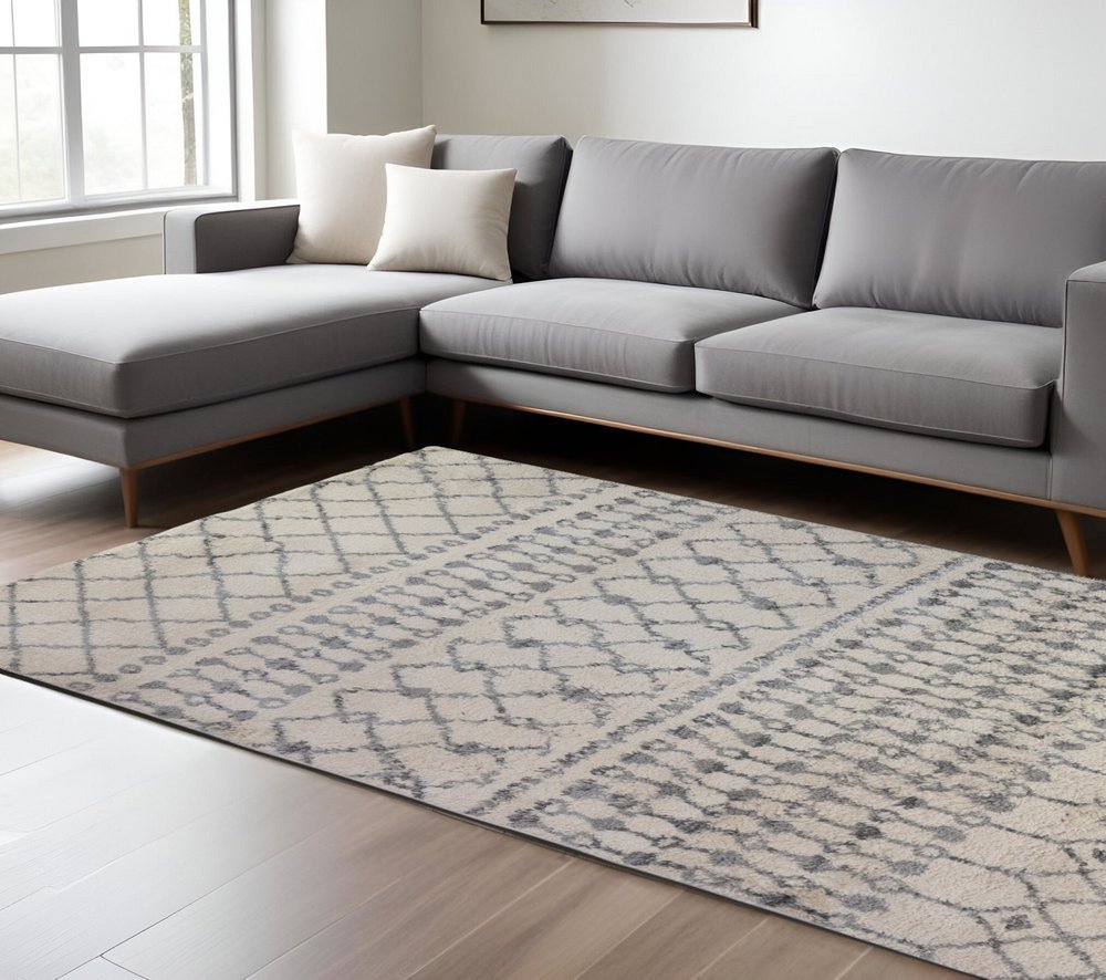 10' Gray And Ivory Geometric Shag Runner Rug