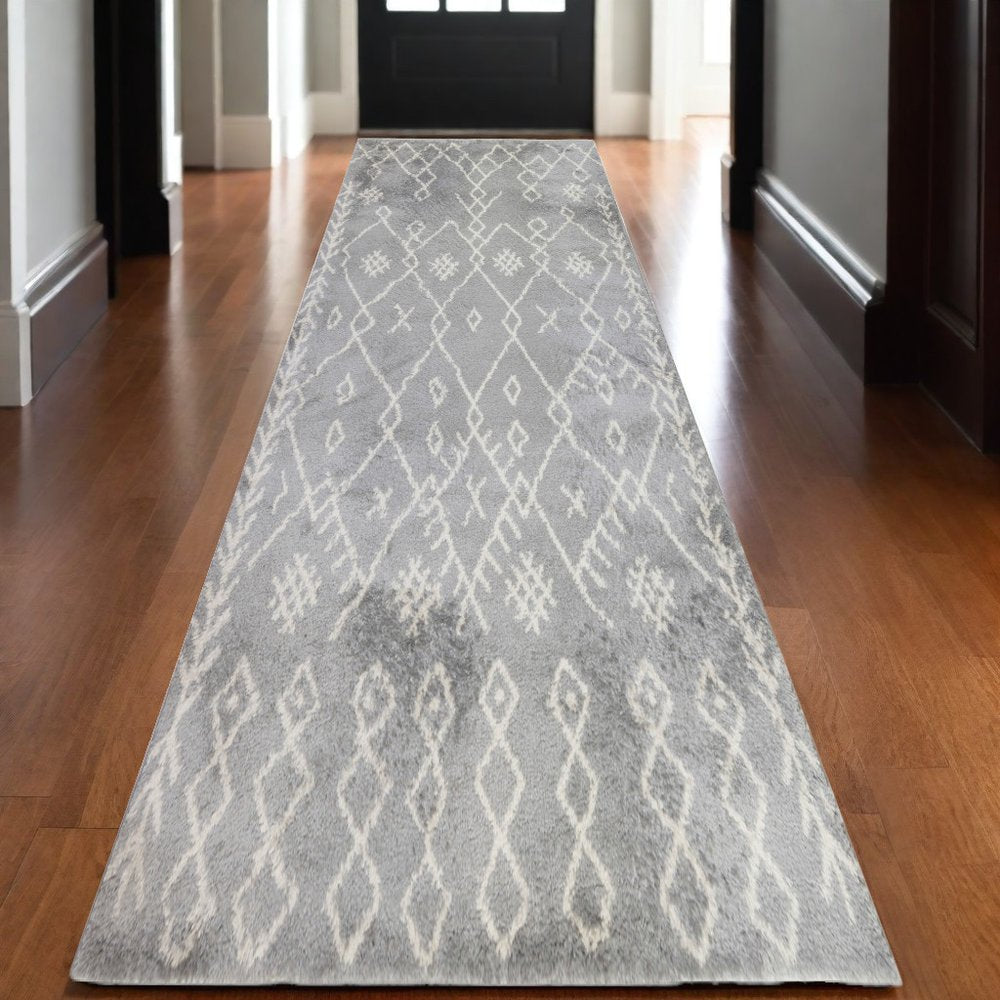 10' Gray And Ivory Geometric Shag Runner Rug