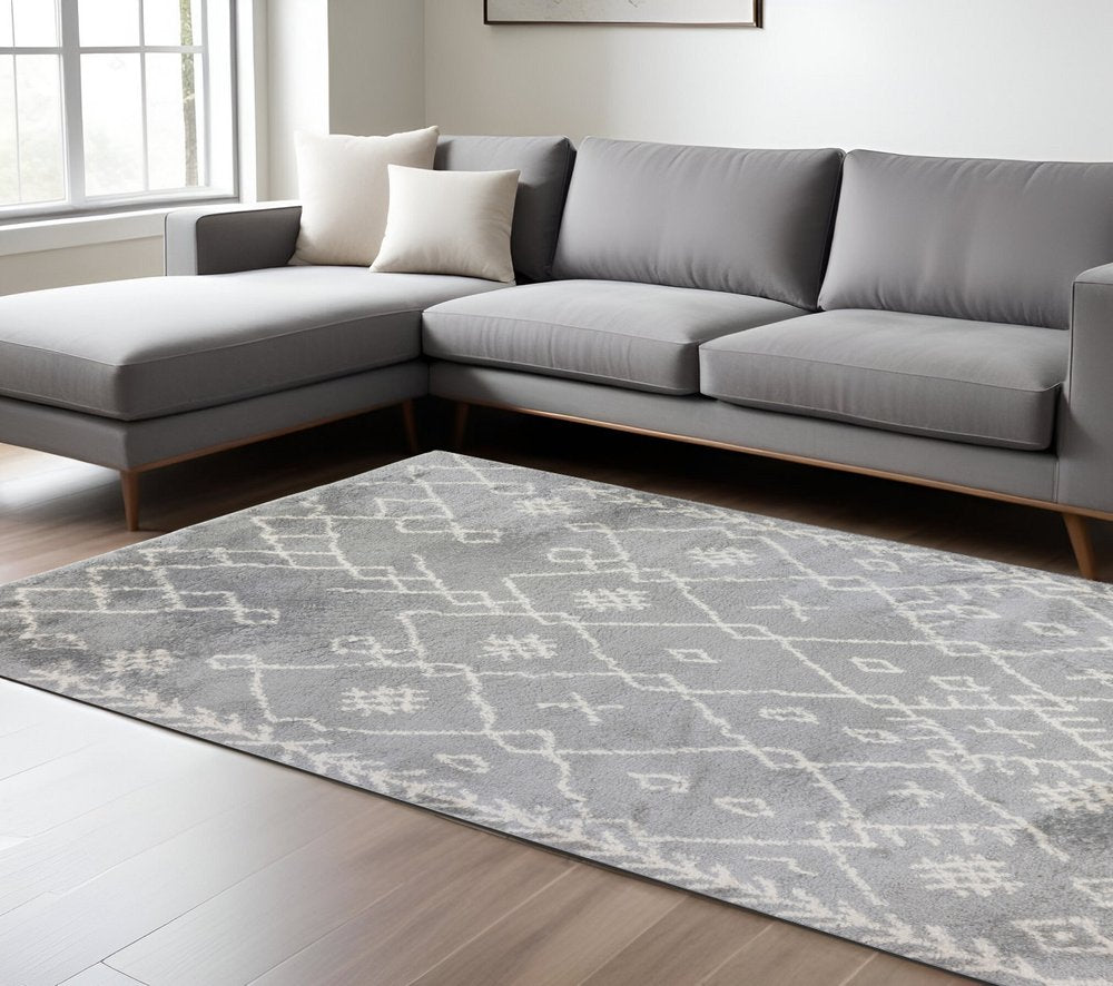 10' Gray And Ivory Geometric Shag Runner Rug